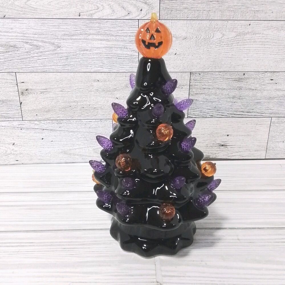 Ceramic Light-Up Black Halloween Decorated Tree w/ Jack-O-Lantern Topper 7" Tall